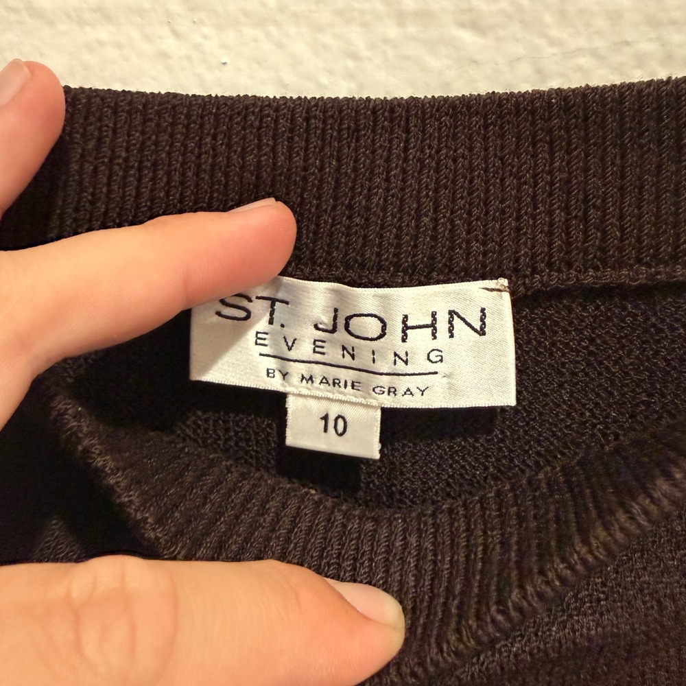 St John Evening Marie Gray Wool Knit Maxi Skirt Brown Espresso Slit Size 10 - Picture 2 of 6